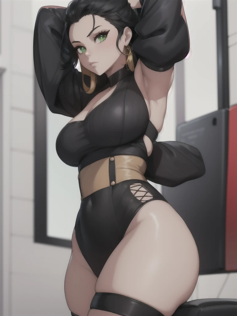 (8k), (Best Quality), (Masterpiece: 1.2), (realist), (yellow suit)), (black hair), Green eyes, Best Quality) 1.5, 1girl, Alone, (sexy, Beautiful woman, Perfect face, Perfect eyes), whole body.