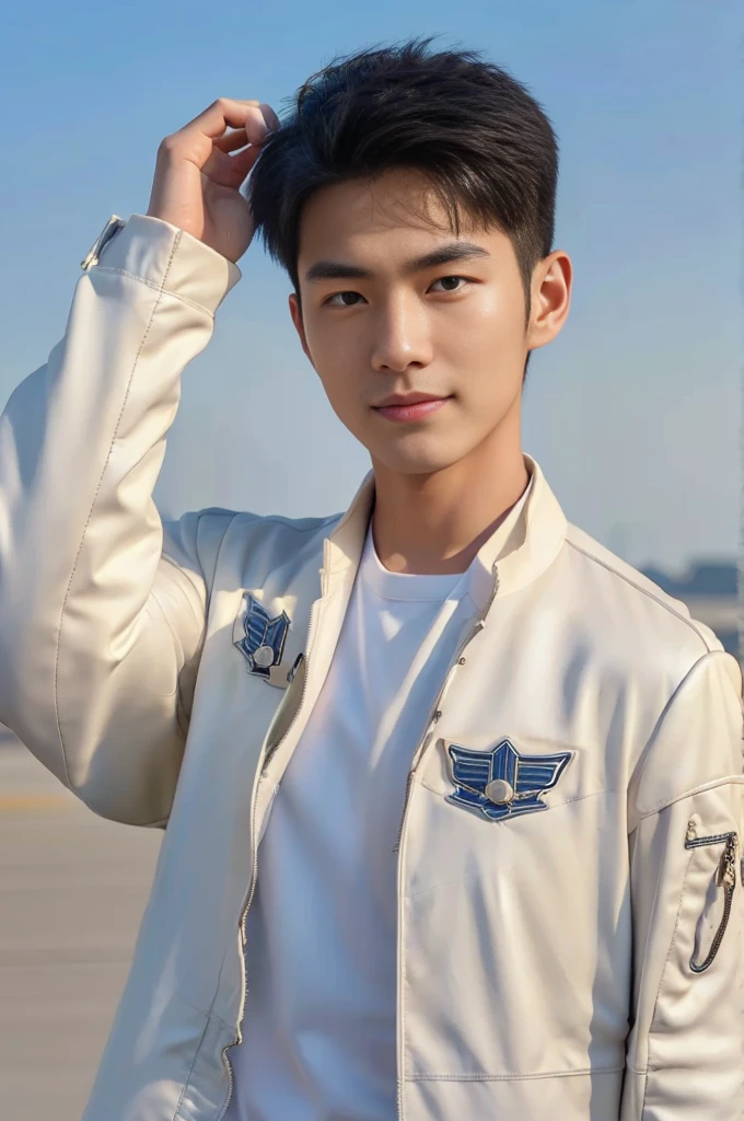 A young korean boy, (detailed air-force pilot uniform:1.5), (white pilot captain jacket:1.3), (white military pants ), full body shoot, detailed clothes, ( air force base runway view background:1.3), looking at viewer, facing the viewer, cinematic light, detailed fingers, Quiff haircut, look at camera, detailed facial parts, Manly, Active, Freestyle Pose, Happy Expression, perfect anatomy, symmetric body, 19 years old, high detail, asian, realistic, human skin, Short Hairstyle, handsome chad chin, handsome, masculine, attractive, human skin, (eyes contact), Handsome, Attractive