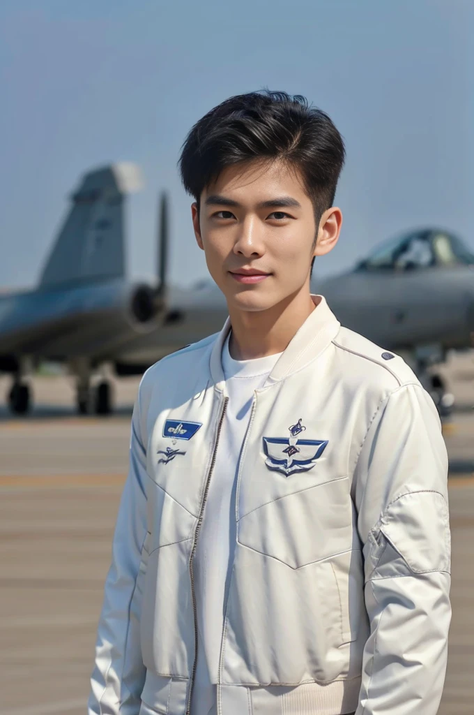 Draw a picture of a handsome, thin young man in a blue shirt and black trousers standing in front of a Chinese Kunpeng military transport plane