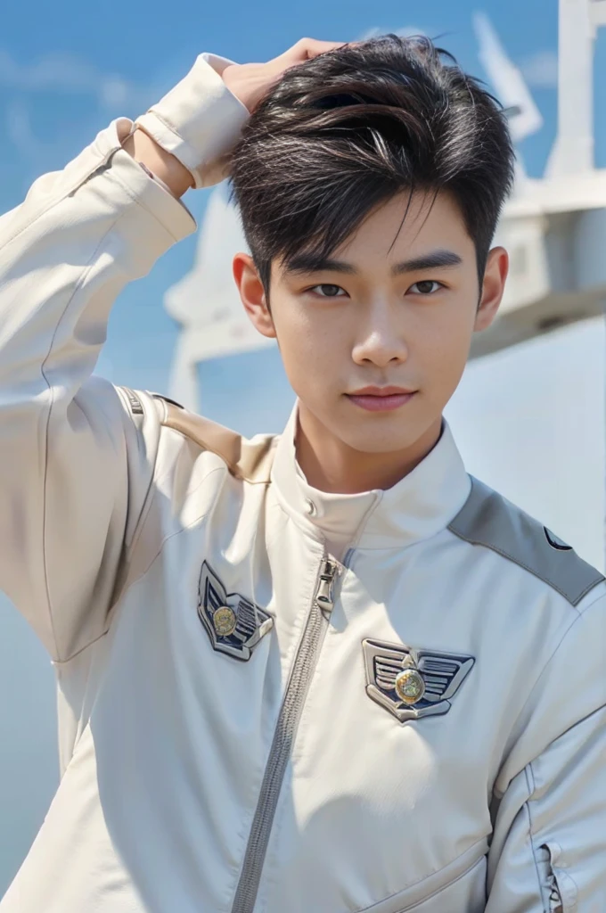 A young korean boy, (detailed air-force pilot uniform:1.5), (white pilot captain jacket:1.3), (white military pants ), full body shoot, detailed clothes, ( air force base runway view background:1.3), looking at viewer, facing the viewer, cinematic light, detailed fingers, Quiff haircut, look at camera, detailed facial parts, Manly, Active, Freestyle Pose, Happy Expression, perfect anatomy, symmetric body, 19 years old, high detail, asian, realistic, human skin, Short Hairstyle, handsome chad chin, handsome, masculine, attractive, human skin, (eyes contact), Handsome, Attractive