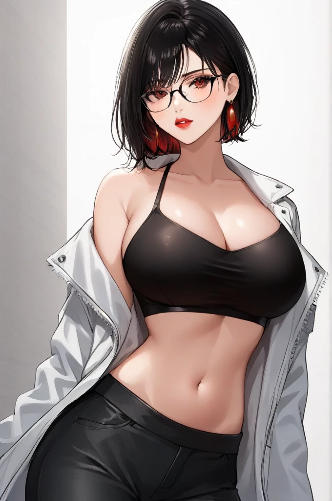 One woman ,wolf cut hairstyle ,red lipstick,black glasses,sharp jawline,face makeup,mole under right eye, tassel earrings ,dark red eyes,black crop top,black pants,white jacket ,g cup breasts size ,navel