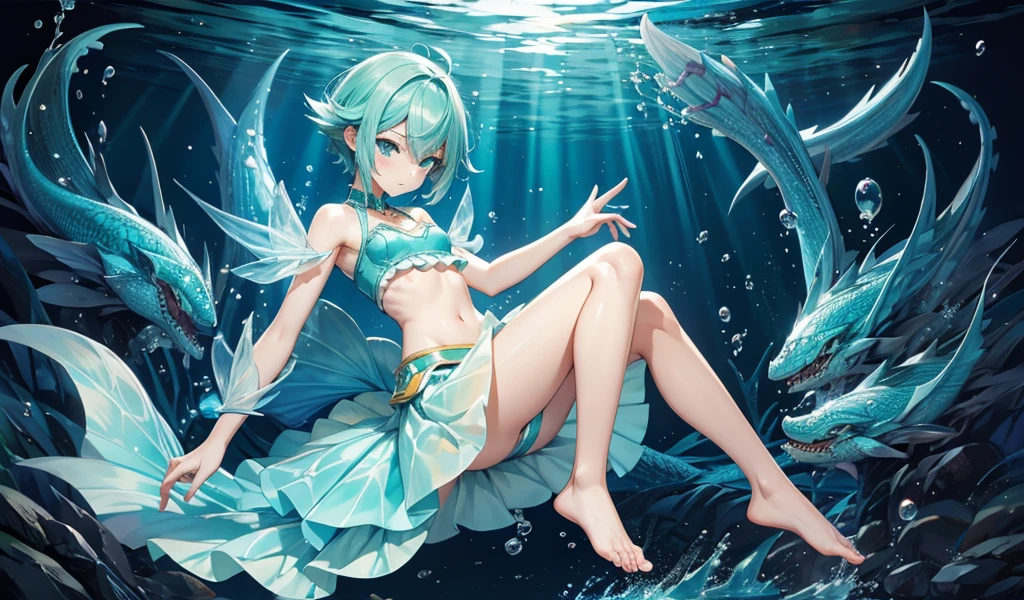 Flat-chested girl with short aqua hair，Murloc，Water Spirit，Transparent skirt，Covered with scales，underwear，Bare Legs，barefoot，deep sea