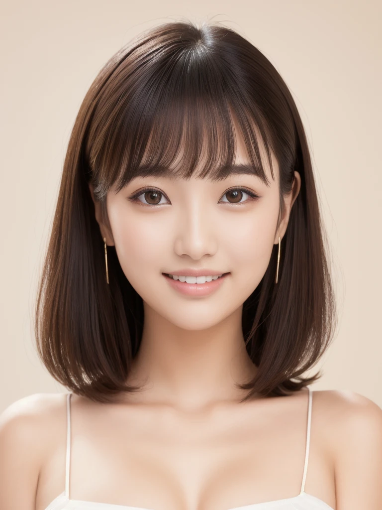 masterpiece、(Highest quality:1.5)、(16k wallpaper:1.2)、(Photorealistic:1.2)、(Ultra-detailed:1.2)、(超A high resolution:1.2)、Surreal、High resolution、Realistic、Post-processing、Very detailed、Sharp focus、(Sharp focus:1.2)、Backlight、Bright light、(Improvement of quality:1.4)、Anatomically correct body、There is one woman、Japanese、Asian、Realistic Skin、(Pretty woman with perfect figure:1.4)、(from the front:1.5)、(Enhances the beauty of skin texture:1.1)、Beautiful fine details、Detailed face、Beautiful realistic face,No makeup、Plump Cheeks、美しいBlack Hair、The best smile、Natural color lip、Even bangs、Hide eyebrows with bangs、18-year-old female、Black Hair、Iris、Loose and fluffy perm、Bob Cut Hair、No makeup、Drooping eye corners、high school girl