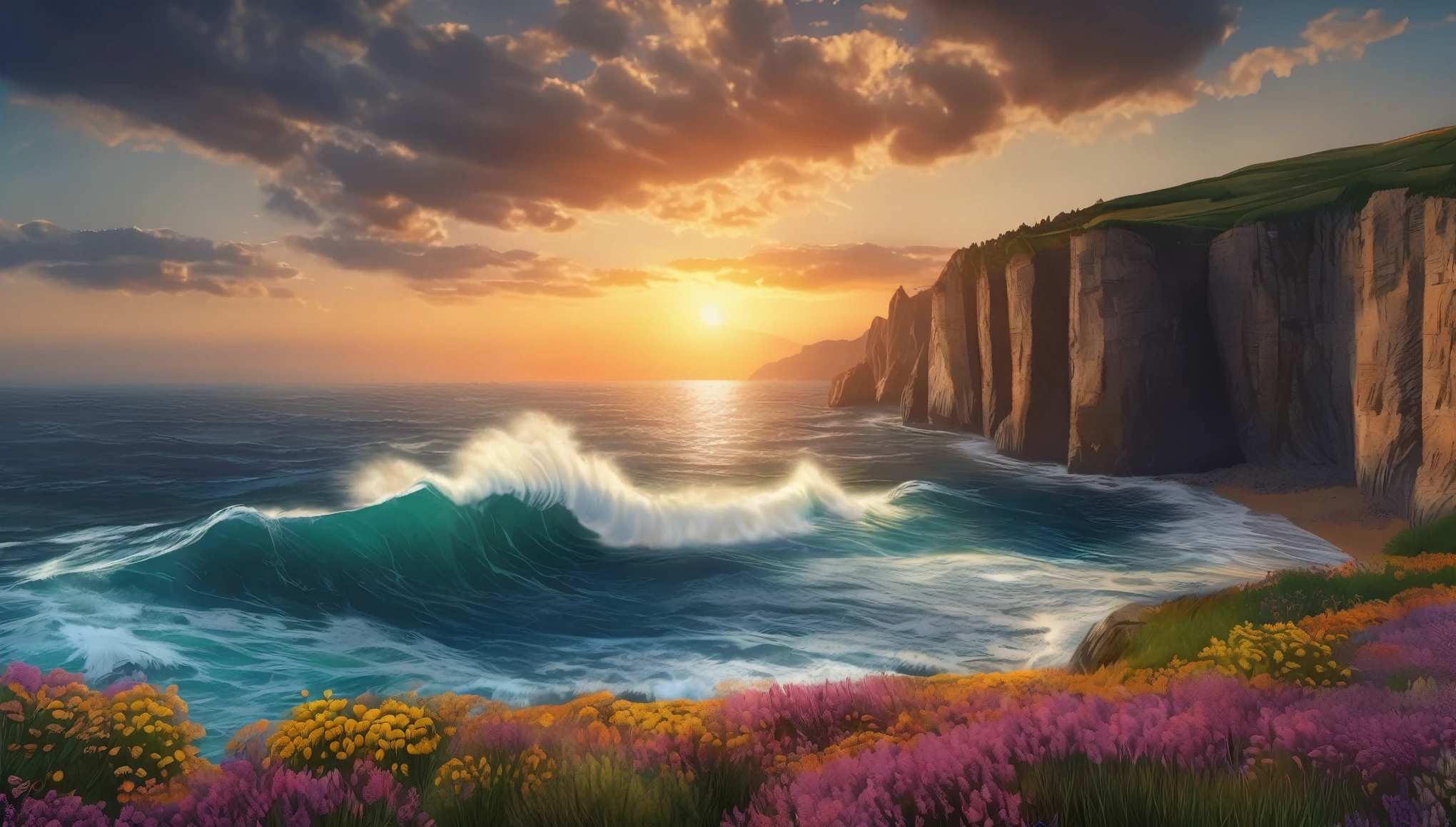beautiful sunset seascape, big waves crashing against the cliff, colorful flowers blooming on the cliff (masterpiece, ultra quality, high resolution, 8k, intricate: 1.2), (masterpiece), (best quality:1)
