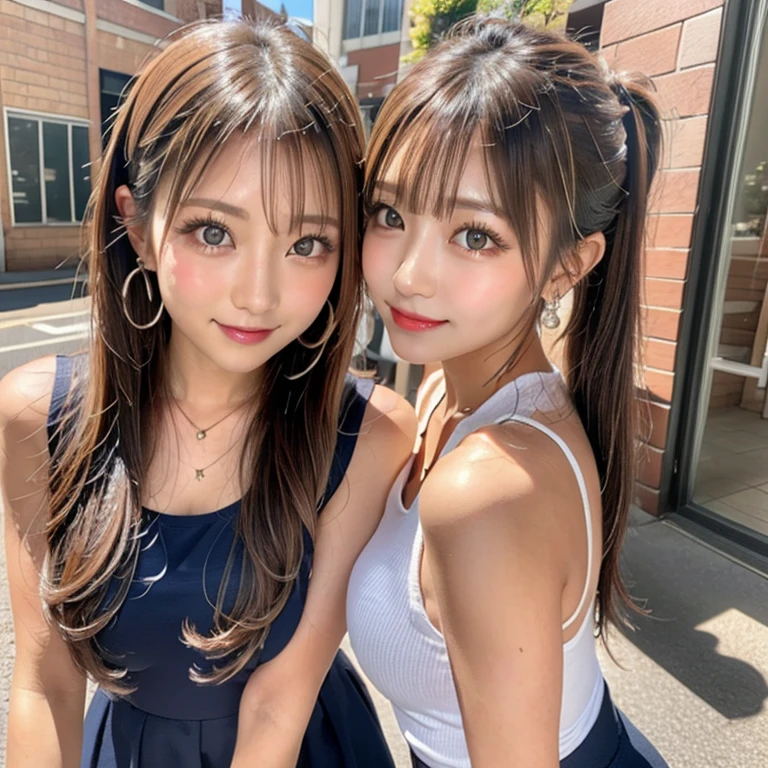 Tabletop, Two Girls、Highest quality, figure, Super detailed, In detail, High resolution, 8k wallpaper, Perfect dynamic composition, Beautiful attention to detail, Women's fashion,Natural color lip, Twin tails. Bold sexy pose,smile,Harajuku、****************、cute、sexy shot looking at camera,