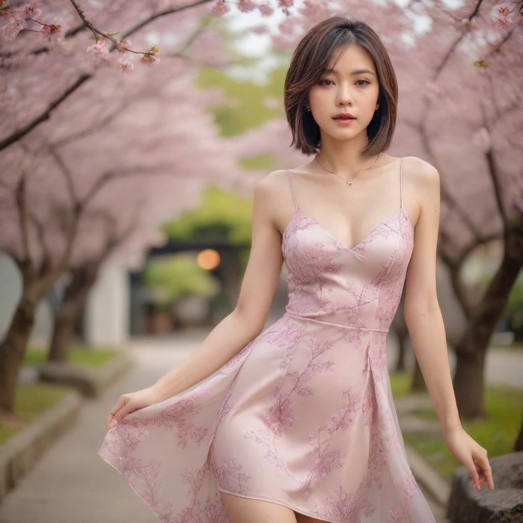 Masterpiece, charming asian aged 20 years old, super detailed, high quality, sharp focus, cinematic lighting, beauty, bob hair, necklace, (slim legs), (slender body), (medium breasts), small tattoo, (slip breasts), (sexy embellished dress), (one leg up), (no bra), (no panty), (Outdoor full-bloom Sakura blossom trees background), Sakura foliages, (nsfw), photorealistic