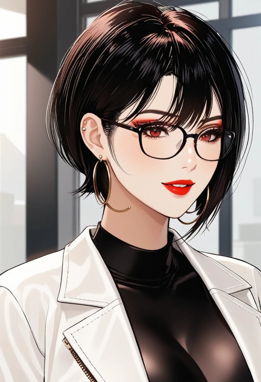 One woman ,wolf cut hairstyle ,red lipstick,black glasses,sharp jawline,face makeup,mole under right eye, hoops earrings ,dark red eyes,black crop top,black pants,white jacket , smiling ,big breasts