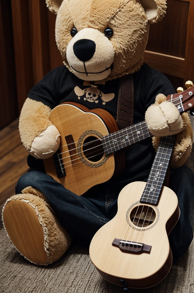 Teddy bear with skull on bear head and a ukulele, unstitching of the body