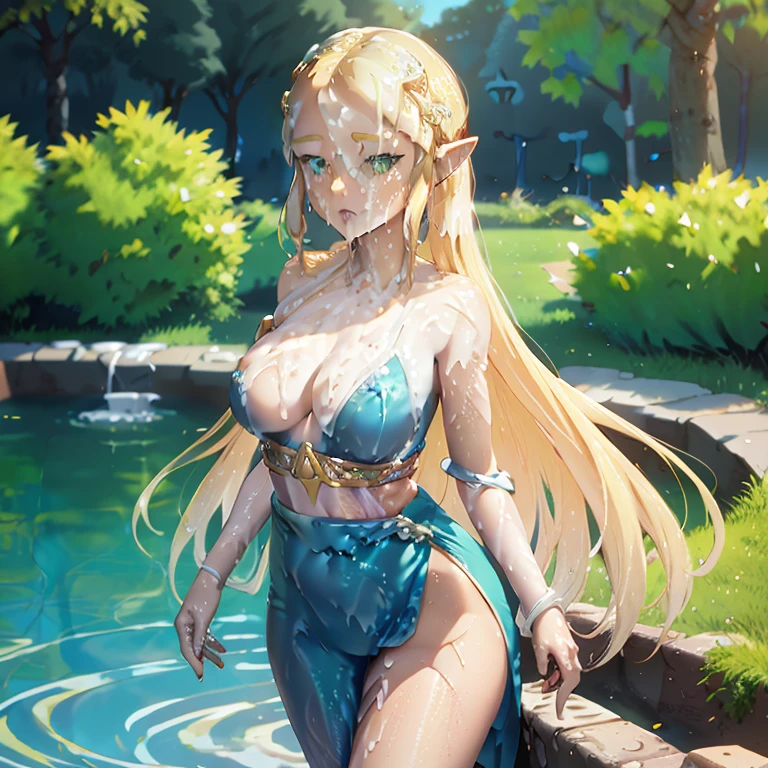 princess zelda, blonde very long hair, green eyes, wearing a sexy blue dress, side slit, ultrasharp, looking at the viewer, ((best quality)), ((masterpiece)), (detailed), perfect face, big breast, sexy body, standing in pool of water