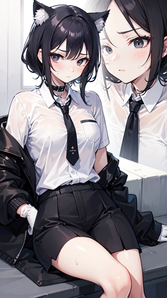 18-year-old girl,cute,Wear a white long-sleeved shirt and a black jacket and a black work tie,Wear black trousers,Wear black booties,Wear white gloves,wear cat ear,Wearing a collar,Black hair,Black eyes,Very thin waist,Very thin legs,Handsome,Disdainful and cold expression,shy,blush,scared,Sweating,tired,pornography,porn action