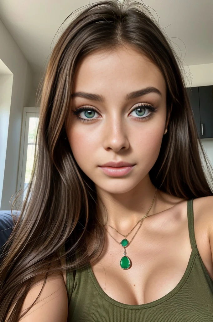 Arafed woman with a tank top and necklace, sexy girl with green eyes, Portrait Sophie Mudd, brown hair and big eyes, selfie of a young woman, Violet Myers, without makeup, natural makeup, looking straight at camera, Face with Artgram, Subtle Makeup, stunning closeupheadshot, piercing green eyes, see his whole body 