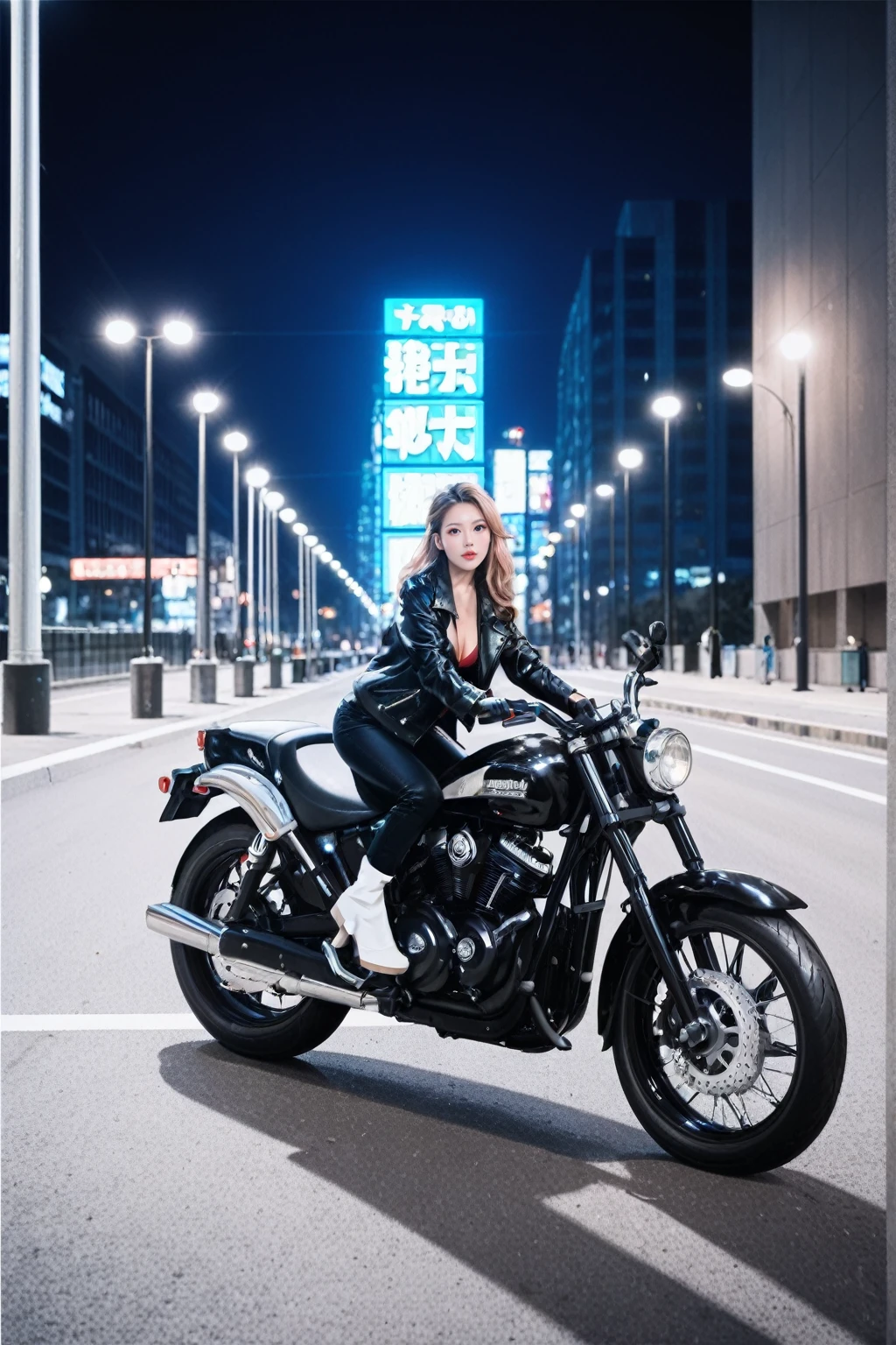 realistic,score_9, score_8_up, score_7_up, BREAK,
 Full body shot, photo of the whole motorcycle, Cute young woman in Japan, Ride an old traditional shiny metallic silver motorcycle at the wharf, glamorous shape, shoulder length shiny smooth light brown hair, Wearing a leather black riding jacket, Glossy satin red bikini under riding jacket, Leather Black Riding Gloves, Leather Black Pants, Leather Black High Heel Long Boots, staring at night view over the sea, absolutely pretty face, Double eyelids, Natural makeup, long eyelashes, Glossy lips, 8K resolution, high details, detailed hairstyle, Detailed face, Black eyes, elegent, epicd, Cinematic lighting, Octane Rendering, Vibrant, Hyper realistic, Fair skin, Perfect limbs, Perfect Anatomy