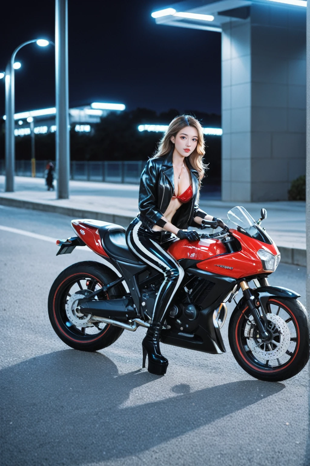 realistic,score_9, score_8_up, score_7_up, BREAK,
Full body shot, photo of the whole motorcycle, Cute young woman in Japan, Ride an old traditional shiny metallic silver motorcycle at the wharf, glamorous shape, shoulder length shiny smooth light brown hair, Wearing a leather black riding jacket, Glossy satin red bikini under riding jacket, Leather Black Riding Gloves, Leather Black Pants, Leather Black High Heel Long Boots, staring at night view over the sea, absolutely pretty face, Double eyelids, Natural makeup, long eyelashes, Glossy lips, 8K resolution, high details, detailed hairstyle, Detailed face, Black eyes, elegent, epicd, Cinematic lighting, Octane Rendering, Vibrant, Hyper realistic, Fair skin, Perfect limbs, Perfect Anatomy