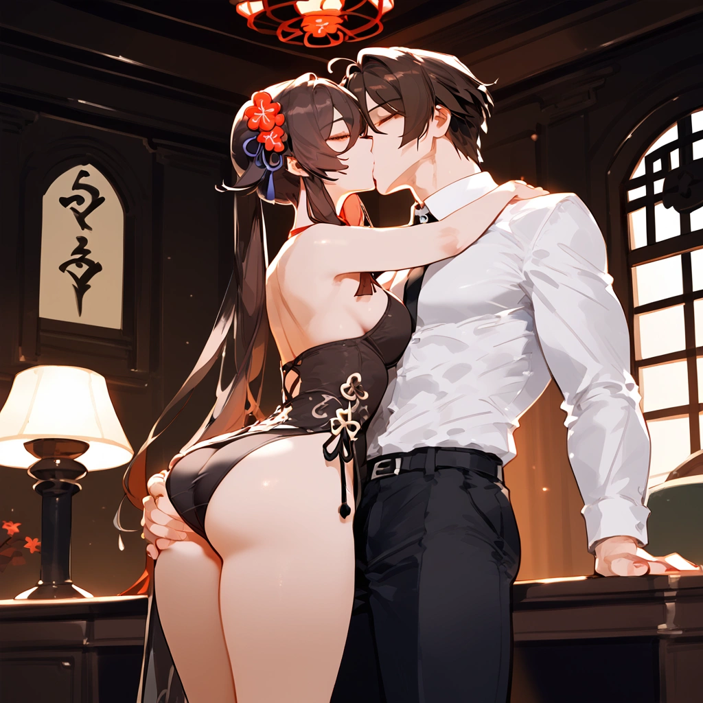 anime artwork, score_9, score_8_up, score_7_up, score_6_up, score_5_up, score_4_up, hu tao, she is 24 years old, style_3, sit,,,,,,,,,, bikini, 1boy, zhongli, he grabbing her ass, they are kissing, indoors