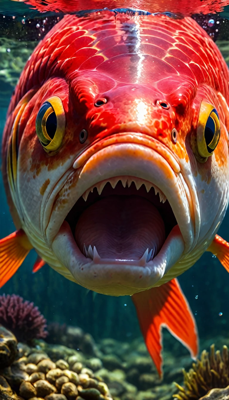 Panorama，A red carp under the water，Face fish body（best quality，4K，8K，High level，masterpiece：1.2），Ultra Detailed，（lifelike，Photo real，Photo real：1.37），Highly detailed animals，Complex patterns，Realistic lighting，Fantasy Creatures