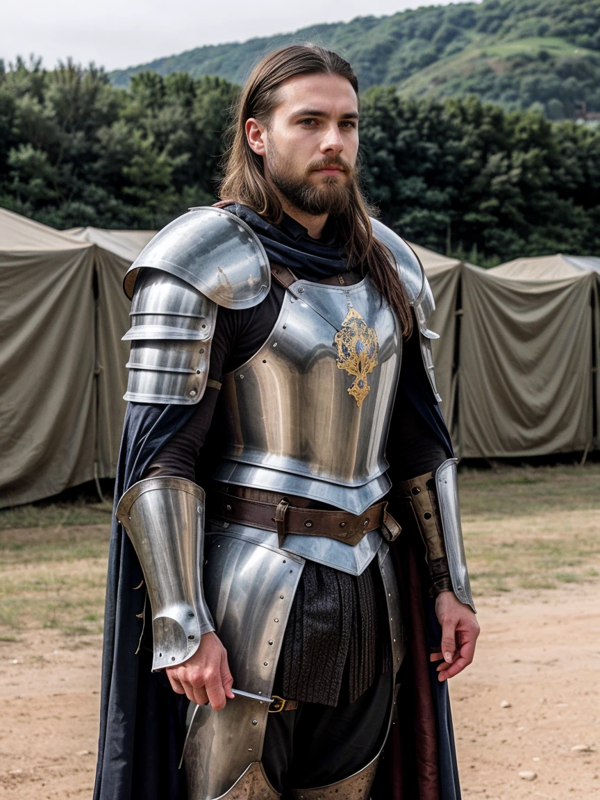 Cinematic powerful general in metal medieval armour, short beard and brunette hair, army camp in background, with cape, army in background