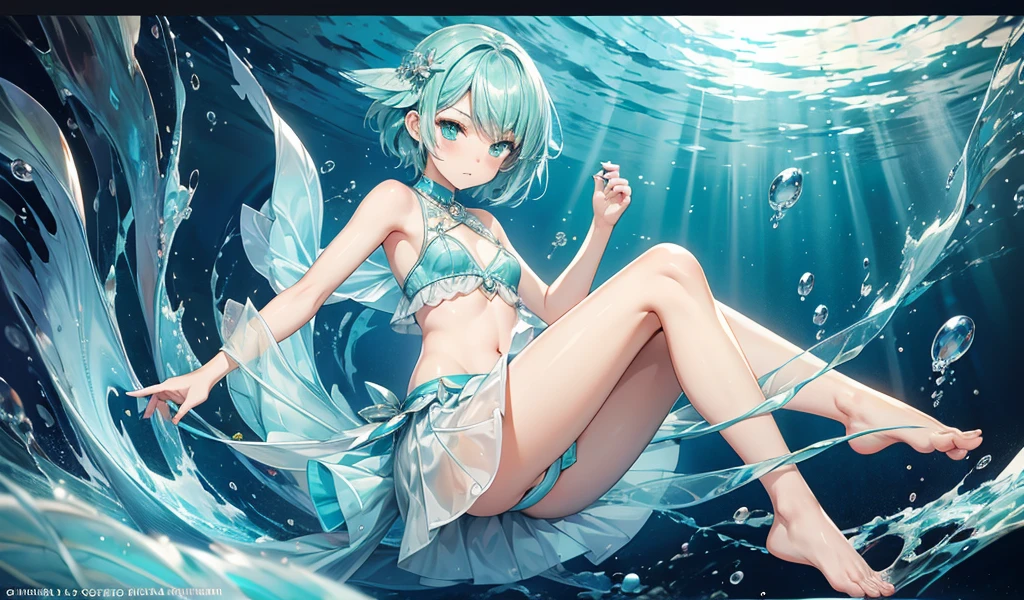 Flat-chested fish-woman with short aqua hair,Water Spirit,Transparent skirt,Covered with scales,underwear,Bare Legs,barefoot,deep sea