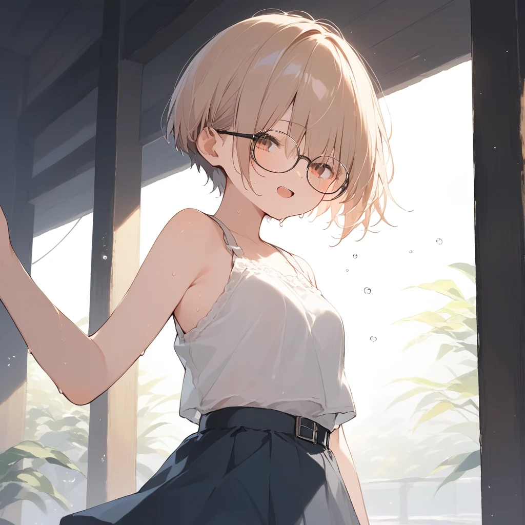 score_9, score_8_up, score_7_up, source_anime, best quality, masterpiece, official art, absurdres, highres, ultra-detailed,waifu2x,Collection: Slice of Life,break,1girl, very short hair,pixie cut, long bangs, glasses, small breasts, thighs, sweat, open mouth, (wavy mouth:0.3), outdoors, summer, break,(clear line illustration:1.2),very high resolution, very aesthetic, super detailed skin, Best sexual lighting powered by famous artist, 8k,cute picture,beauty illustration,photoshop_(medium),,(Detailed Lighting),best anime 8k konachan wallpaper, pixiv contest winner, 