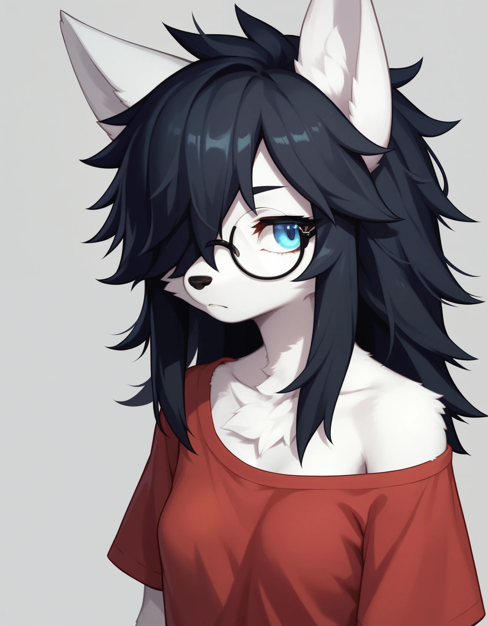 Solo, score_9,score_8_up,score_7_up, kemono style,  a young nerdy Anthro furry wolf woman, wolf snout, white furry body, tall, long black messy hair, black hair, hair in a pony tail, hair covering one eye, white wolf tail, blue eyes, white wolf ears, white wolf tail, small breasts, wearing oversized red shirt, exposed shoulder, black square thick rimmed glasses, portrait, close up, expressionless