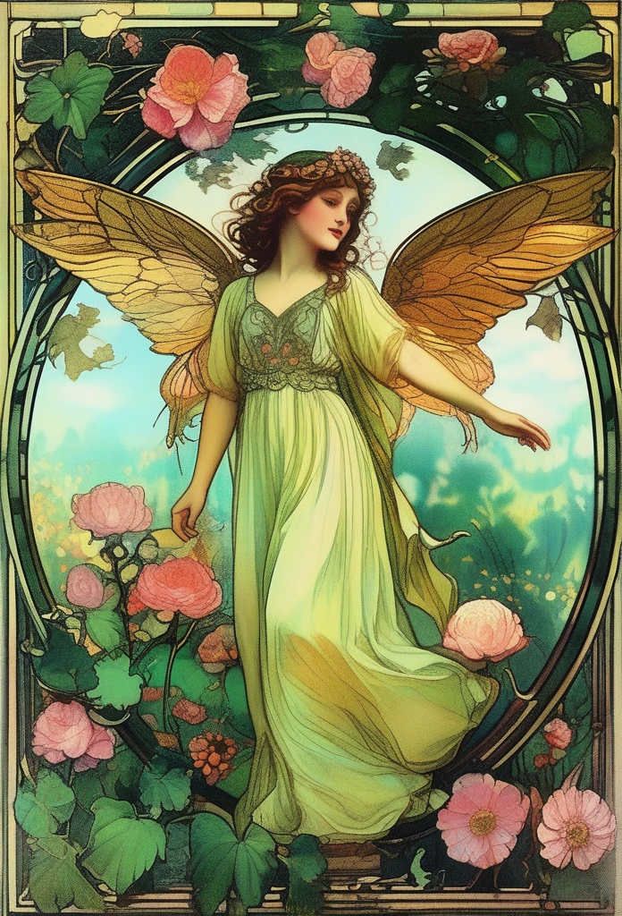 Illustration of a graceful fairy with delicate wings, surrounded by flowers and vines, in the style of Alfons Maria Mucha, detailed eyes, delicate wings, intricate patterns, flowing dress, magical and ornate scene, Art Nouveau, pastel colors, (best quality, 4k, 8k, highres, masterpiece:1.2), ultra-detailed, HDR, vivid colors, ultra-fine painting, professional, dreamy lighting