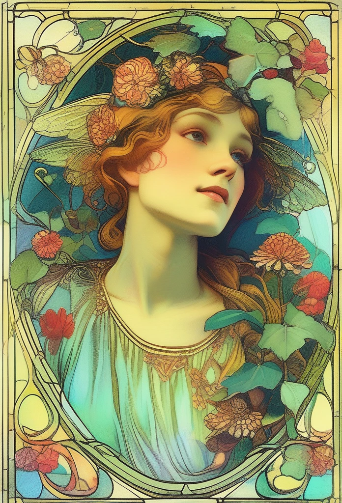 Illustration of a graceful fairy with delicate wings, surrounded by flowers and vines, in the style of Alfons Maria Mucha, detailed eyes, delicate wings, intricate patterns, flowing dress, magical and ornate scene, Art Nouveau, pastel colors, (best quality, 4k, 8k, highres, masterpiece:1.2), ultra-detailed, HDR, vivid colors, ultra-fine painting, professional, dreamy lighting