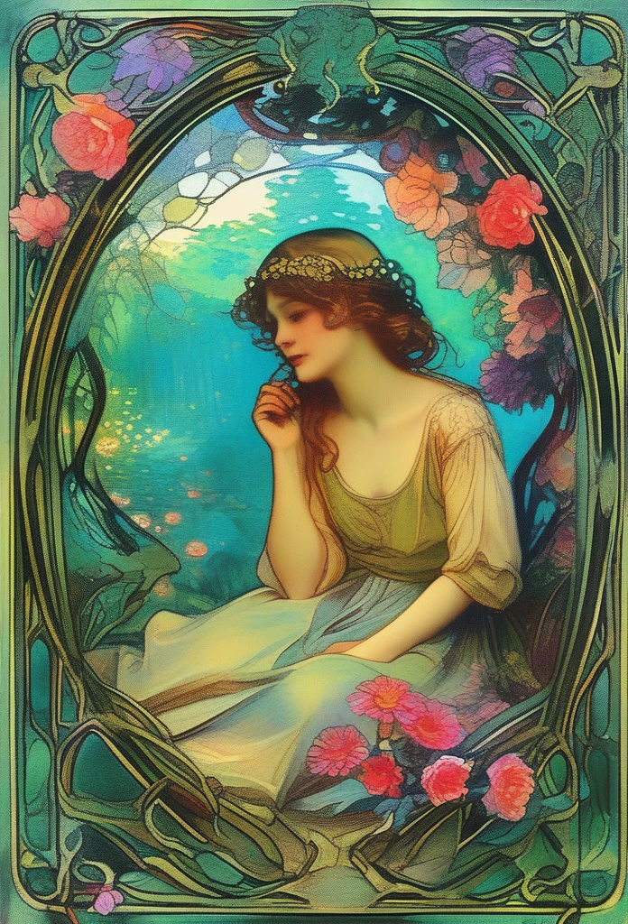 Illustration of a graceful fairy with delicate wings, surrounded by flowers and vines, in the style of Alfons Maria Mucha, detailed eyes, delicate wings, intricate patterns, flowing dress, magical and ornate scene, Art Nouveau, pastel colors, (best quality, 4k, 8k, highres, masterpiece:1.2), ultra-detailed, HDR, vivid colors, ultra-fine painting, professional, dreamy lighting