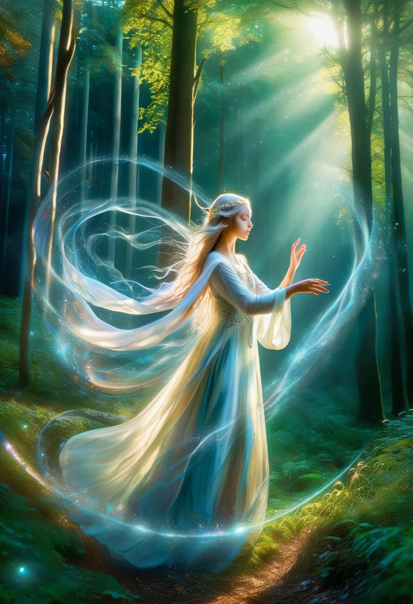 (best quality,4K,8K,high resolution,masterpiece:1.2), Extremely detailed, (Practical,photoPractical,photo-Practical:1.37), In the heart of the enchanted forest, Bathed in the soft moonlight filtering through the treetops, There stands a beautiful figure. She is an elf witch., Her long silver hair shimmers around her slender body.，Like silk woven from strands of moonlight. Her eyes, A mesmerizing rainbow mix, Shines with an otherworldly light, Reflecting the colorful colors of the surrounding forest. They are windows to the soul，As old as the trees, Full of wisdom and mystery beyond her years. Wearing a flowing white robe，It is decorated with intricate silver thread patterns., Her movements are graceful and easy. Every movement is a dance, The fluid movement seems to ripple through the air，Like water flowing over smooth stones. As she raised her slender hands to the sky, The air around her is filled with magical energy, The nature of the forest answered her call. Powerful words flowed from her lips，Like liquid silver, The ancient spell echoes in the silent night sky，The melody lingers in my mind. Every word, Tendrils of magical energy began to swirl around her., Intertwined in a flickering swirl of light and shadow. Shapes begin to form in the vortex, Phantom creatures born of pure magic dance to the rhythm of her voice. When her spell reaches, Her voice got higher and higher, A symphony of power and wonder that fills the forest. She finally waved her hands, She lifted the spell, Magical energy gathers into a beam of light，Light up the darkness like a thousand stars.(Artworks of Yoshitaka Amano:1.3)