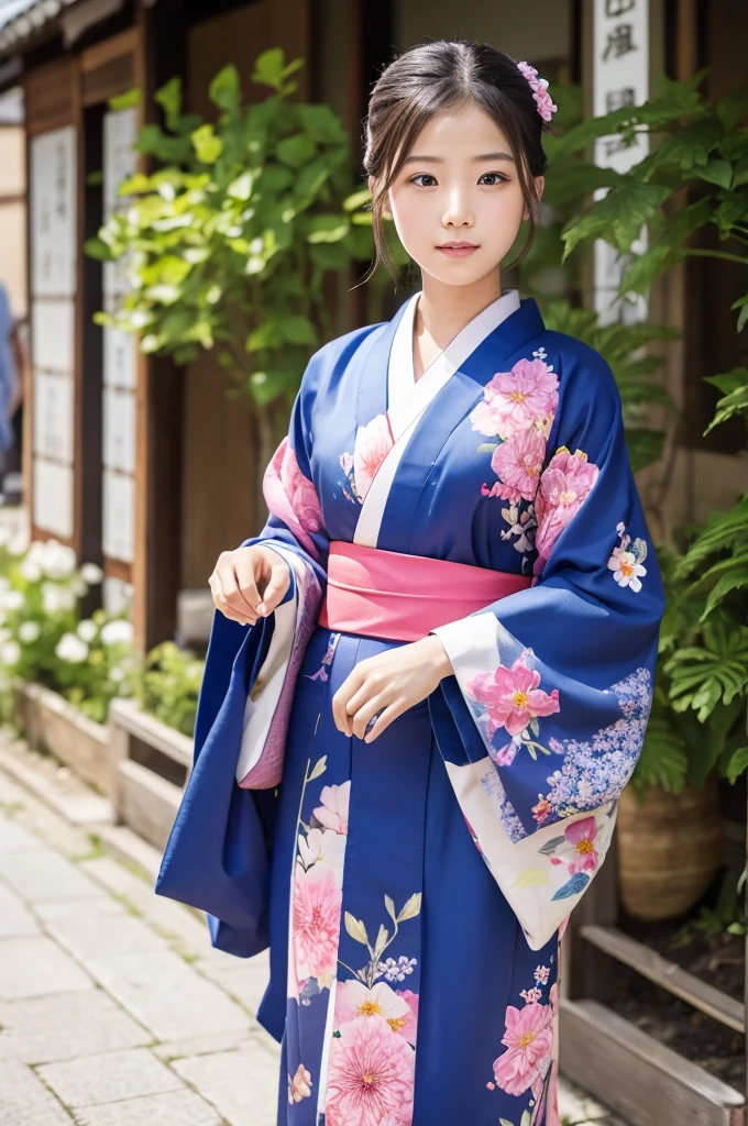 Flowers are blooming around the girl wearing a kimono