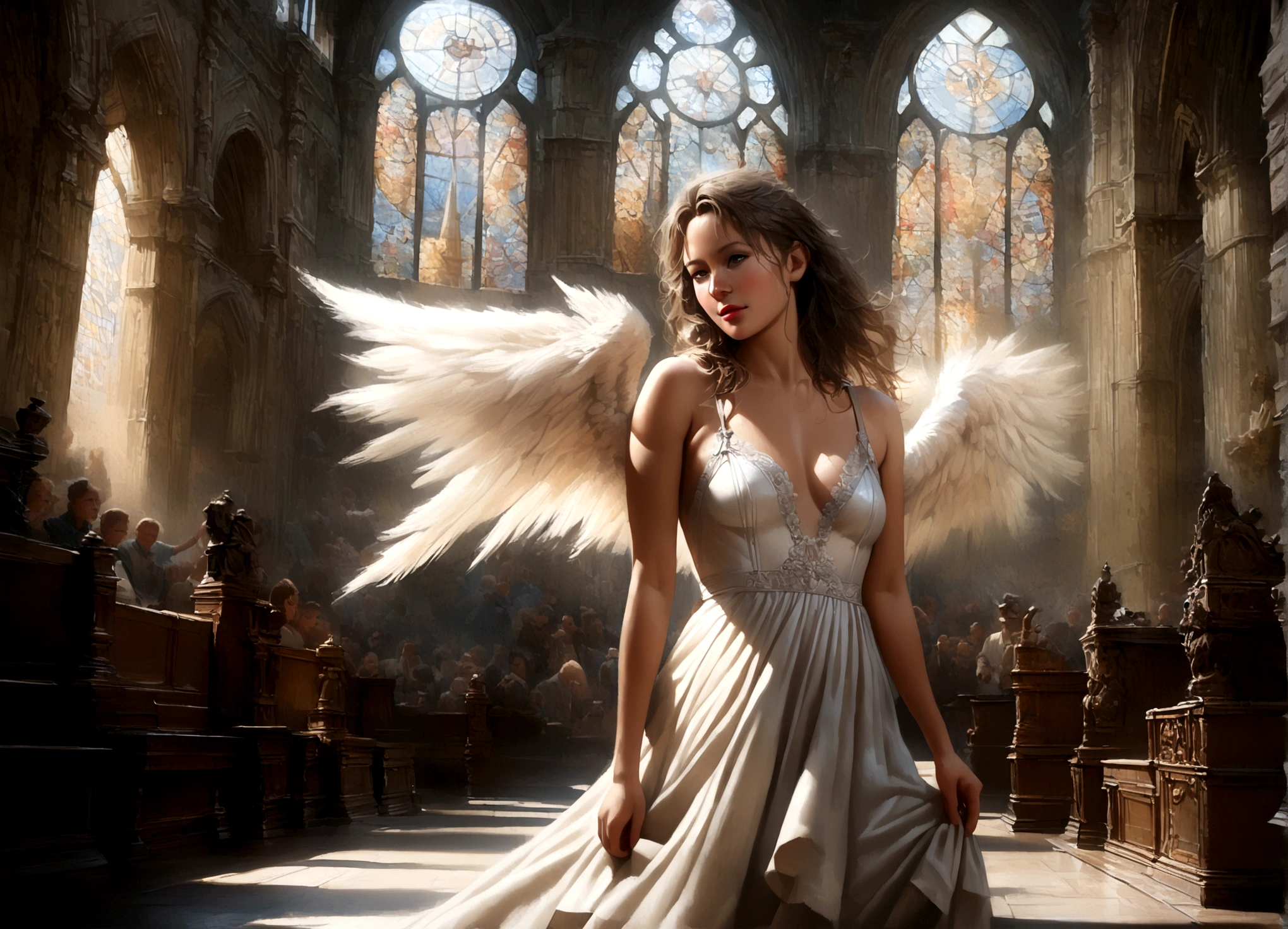 (best quality,4k,8k,highres,masterpiece:1.2),ultra-detailed,(realistic,photorealistic,photo-realistic:1.37),1 beautiful young woman,Kate Beckinsale,25 years old,platinum blonde hair,large pair of white angelic wings,halo,sheer silk dress,holy corona,majestic pose,crowded cathedral interior,stained glass windows,ornate architecture,dramatic lighting,detailed religious iconography