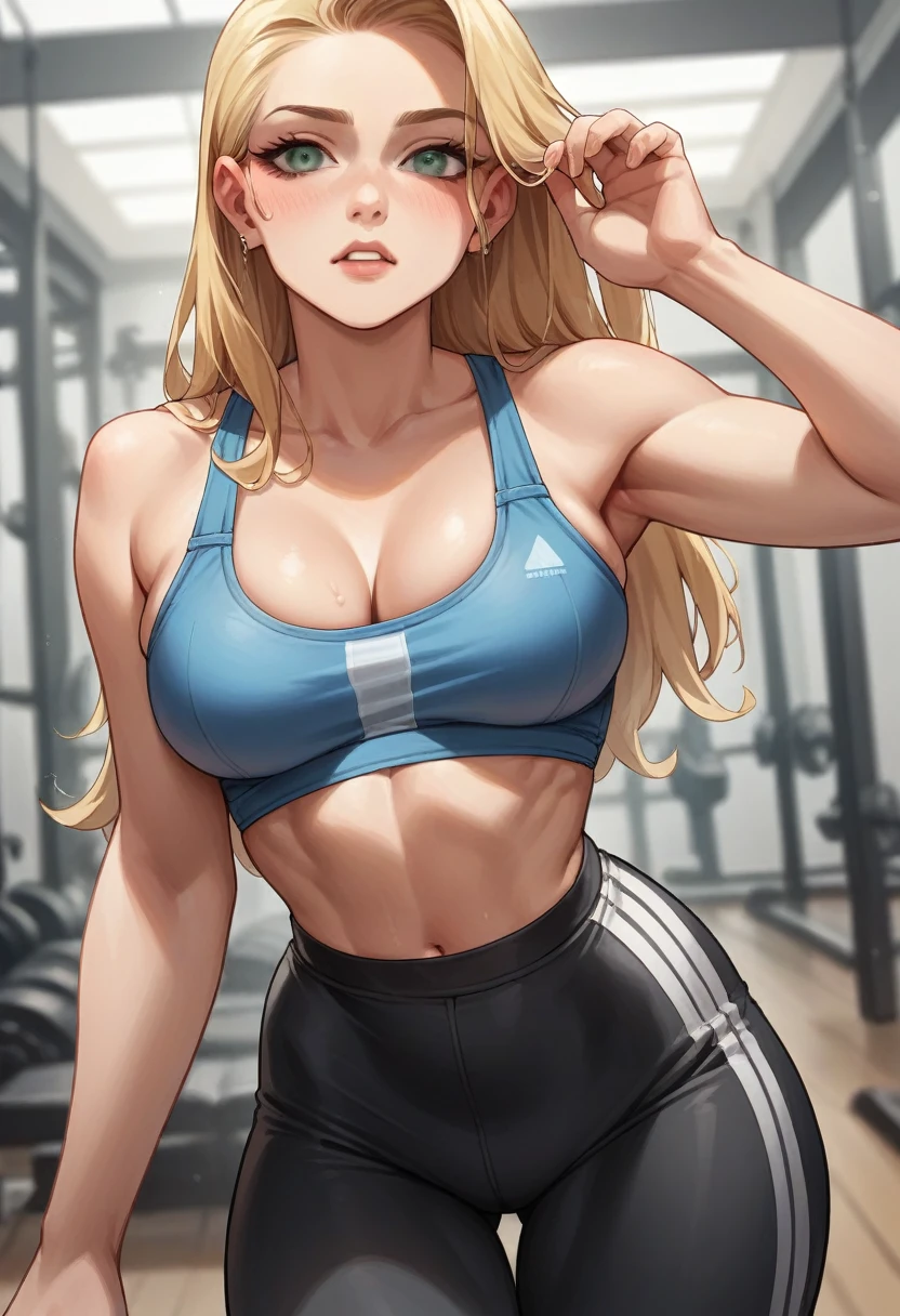 American 38years old women
Wearing blue bra and black tight lower
Hair colour blonde
Body measurement is breasts 42inches
, Waist 25inches , 50inches hips
Eyes colour light green. 
Doing squats in gym