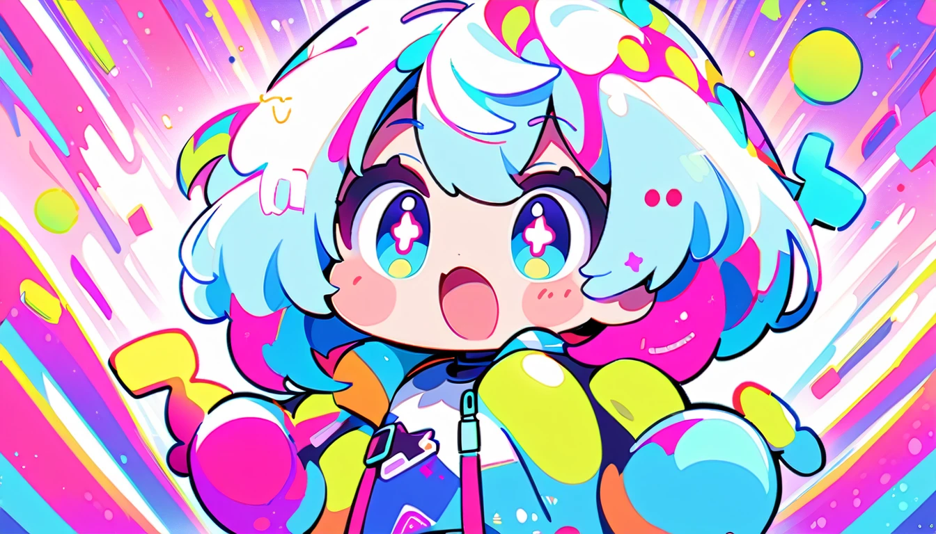 Vibrant art,pop、bright、colorful, 1 female, Light blue hair,　short hair、Happy,cute, animation style, kawaii, clearly, colorful cyberpunk, bubblegum pop, cute、Pink and light blue as main colors、I&#39;m cheering loudly、　Headphonesをしている、Headphoneusic、buzzer、buzzer, tropical,