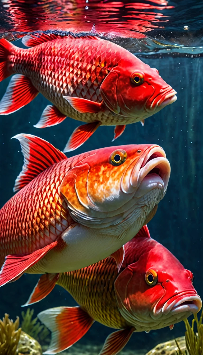 Panorama,A red carp under the water,Face fish body(best quality,4K,8K,High level,masterpiece:1.2),Ultra Detailed,(lifelike,Photo real,Photo real:1.37),Highly detailed animals,Complex patterns,Realistic lighting,Fantasy Creatures