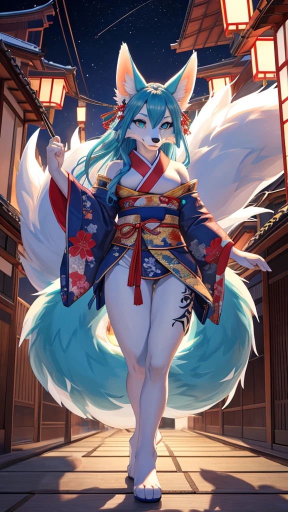 Aqua 9-tailed fox&White, 4 legs, walks on 4 like an animal, add high definition_detail:1, blue fur,kitsune ears, japanesse tattoo art agregar_detail:1, arms in the air, japanese samuray costume add_detail:1, resplandecent body