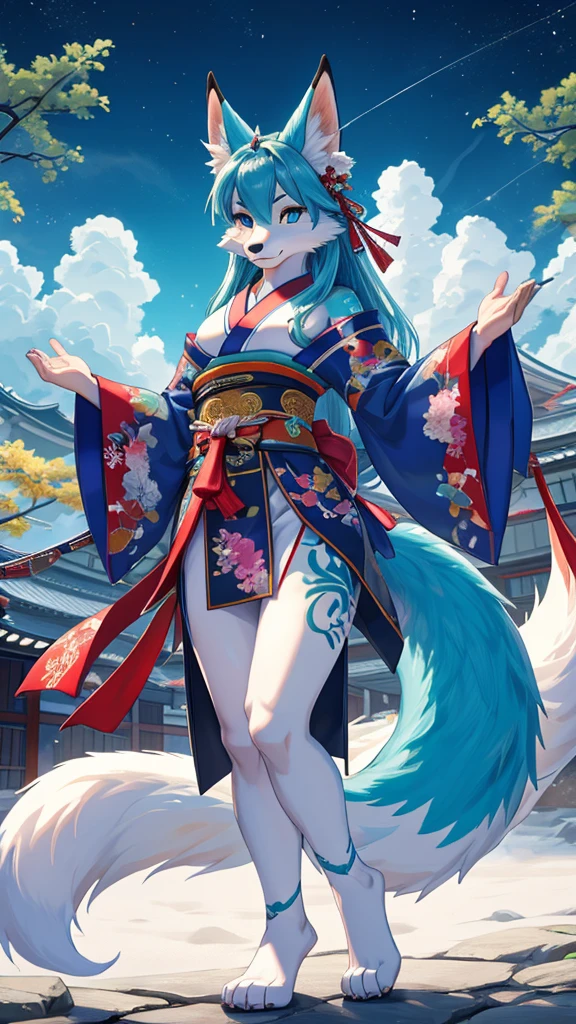 Aqua 9-tailed fox&White, 4 legs, walks on 4 like an animal, add high definition_detail:1, blue fur,kitsune ears, japanesse tattoo art agregar_detail:1, arms in the air, japanese samuray costume add_detail:1, resplandecent body