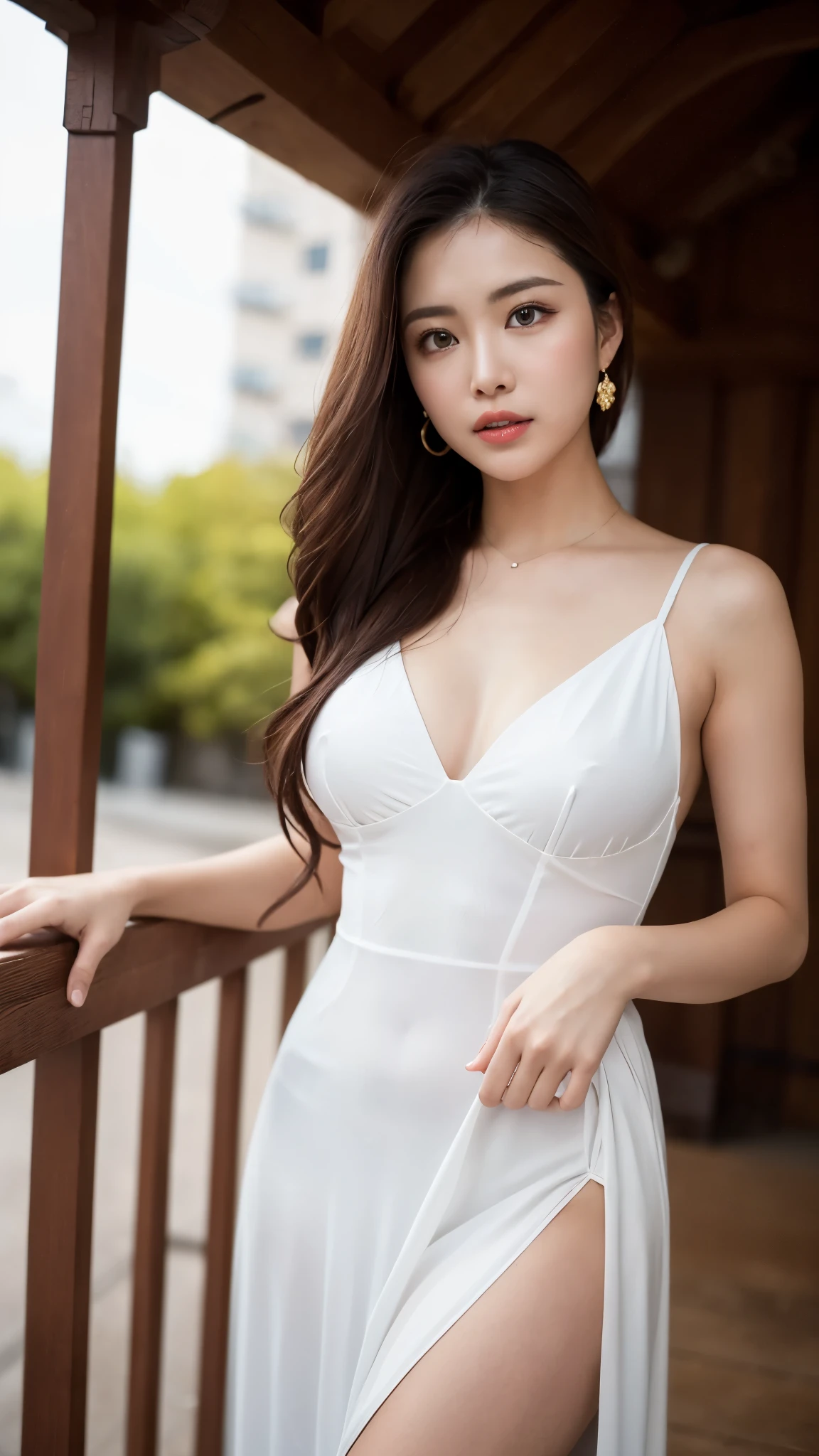 (masterpiece:1.5)、(Realistic:1.5)、(Highest quality:1.4、8K、RAW Photos)、 Ultra-high resolution、Professional Lighting、Perfect dynamic composition、Outdoor Shot、 Film Grain、chromatic aberration、(Bokeh:1.1)、 Frank、Sophisticated、charm、Surreal、High detail、Golden Ratio、 (1 Girl)、Slender girl、繊細でcharm女の子、Cute Woman:1.4、 Serious expression、Looking at the audience、Various poses、 Light brown hair、Shiny Hair、Hairstyle: ponytail、 Realistic looking skin、 shut up.、Beautiful Eyes、double eyelid、Thin arms、、 (majestic style, sophisticated and elegant, holy and mysterious:1.2),(wearing Slit Tight Long Dress:1.2), (Mr.々A shot),