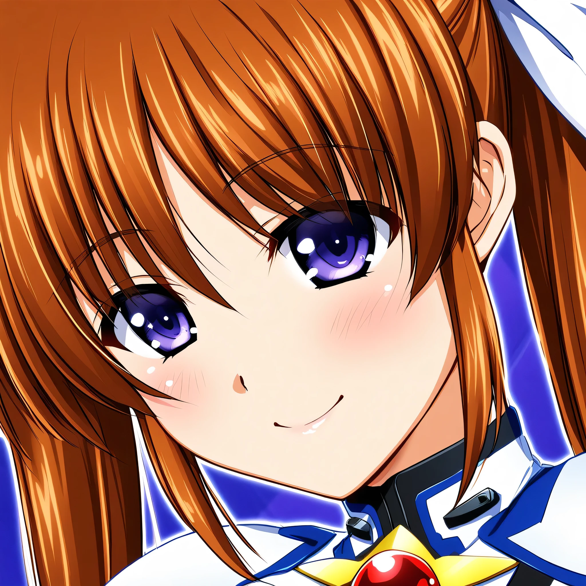 takamachi_nanoha, 1girl, solo, twintails, brown hair, smile, close-up, portrait, magical girl, purple eyes, 