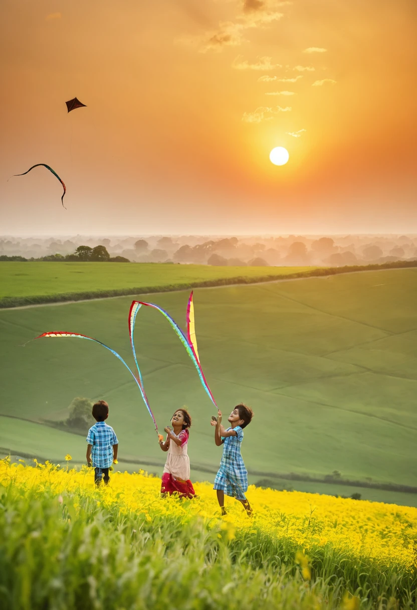 Sunset scene of children flying kites in the fields