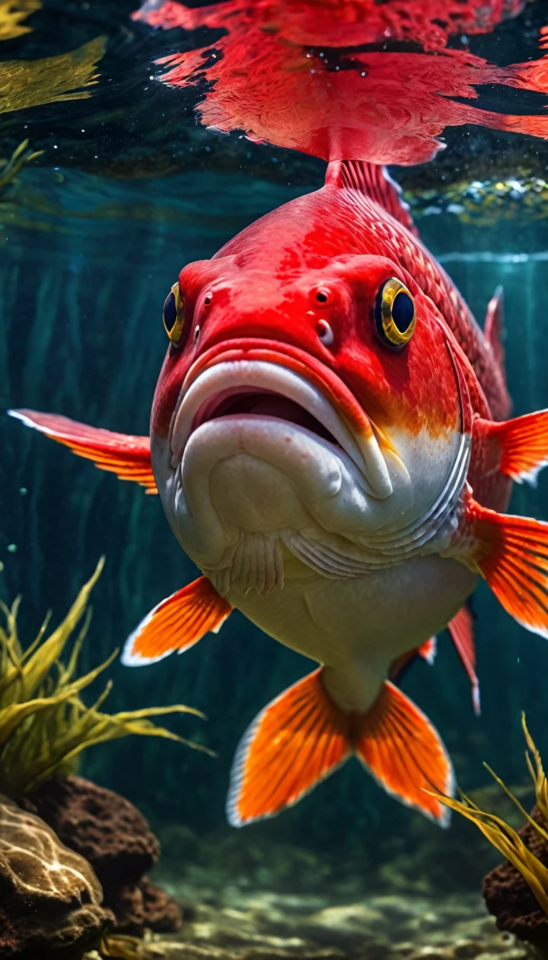 Panorama，A red carp under the water，Face fish body（best quality，4K，8K，High level，masterpiece：1.2），Ultra Detailed，（lifelike，Photo real，Photo real：1.37），Highly detailed animals，Complex patterns，Realistic lighting，Fantasy Creatures
