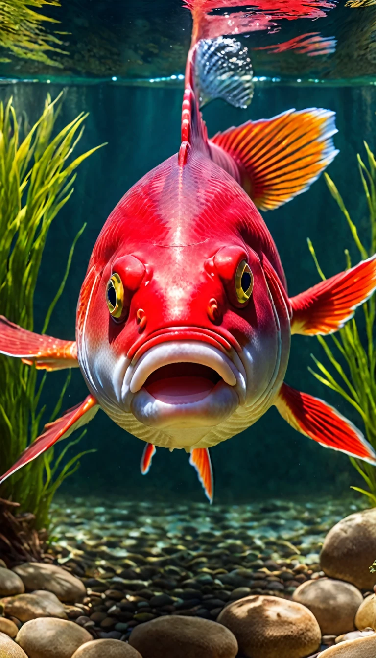 Panorama，A red carp under the water，Face fish body（best quality，4K，8K，High level，masterpiece：1.2），Ultra Detailed，（lifelike，Photo real，Photo real：1.37），Highly detailed animals，Complex patterns，Realistic lighting，Fantasy Creatures