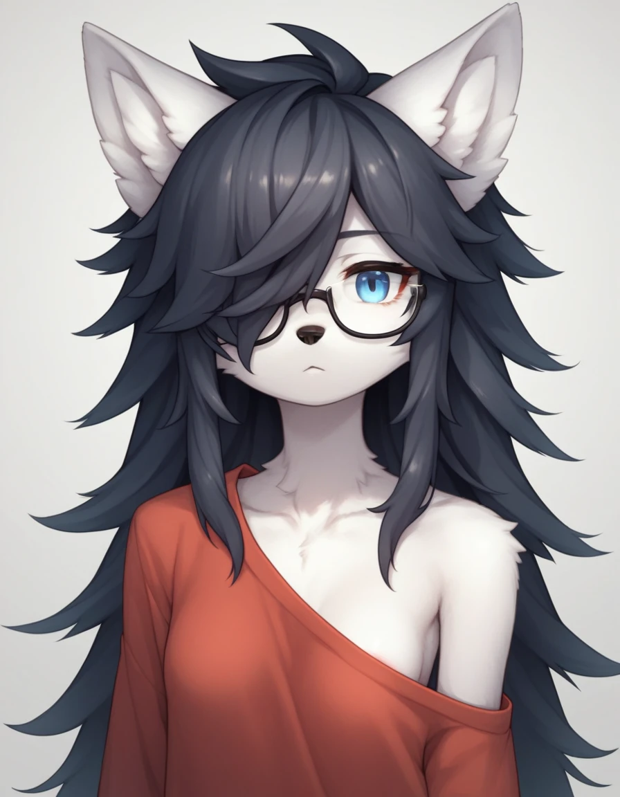 Solo, score_9,score_8_up,score_7_up, kemono style,  a young nerdy Anthro furry wolf woman, wolf snout, white furry body, tall, long black messy hair, black hair, hair in a pony tail, hair covering one eye, white wolf tail, blue eyes, white wolf ears, white wolf tail, small breasts, wearing oversized red shirt, exposed shoulder, black square thick rimmed glasses, portrait, close up, expressionless