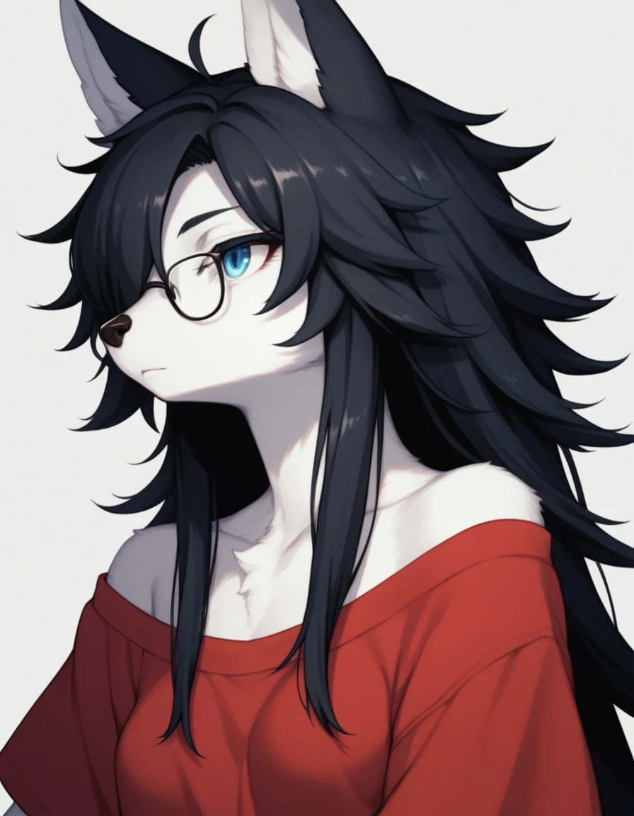 Solo, score_9,score_8_up,score_7_up, kemono style, a young nerdy Anthro furry wolf woman, wolf snout, white furry body, tall, long black messy hair, black hair, hair in a pony tail, hair covering one eye, white wolf tail, blue eyes, white wolf ears, white wolf tail, small breasts, wearing oversized red shirt, exposed shoulder, black square thick rimmed glasses, portrait, close up, expressionless