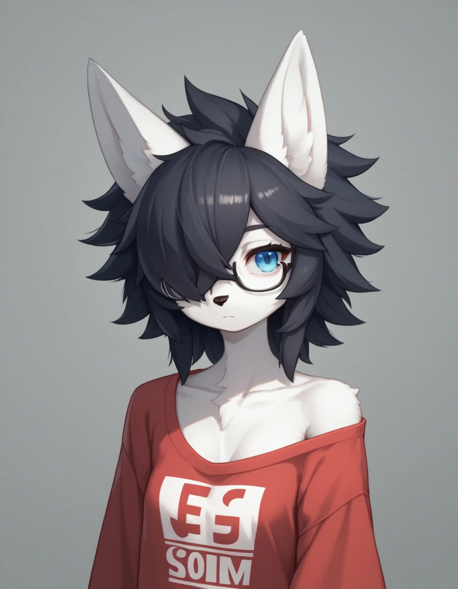 Solo, score_9,score_8_up,score_7_up, kemono style, a young nerdy Anthro furry wolf woman, wolf snout, white furry body, tall, long black messy hair, black hair, hair in a pony tail, hair covering one eye, white wolf tail, blue eyes, white wolf ears, white wolf tail, small breasts, wearing oversized red shirt, exposed shoulder, black square thick rimmed glasses, portrait, close up, expressionless