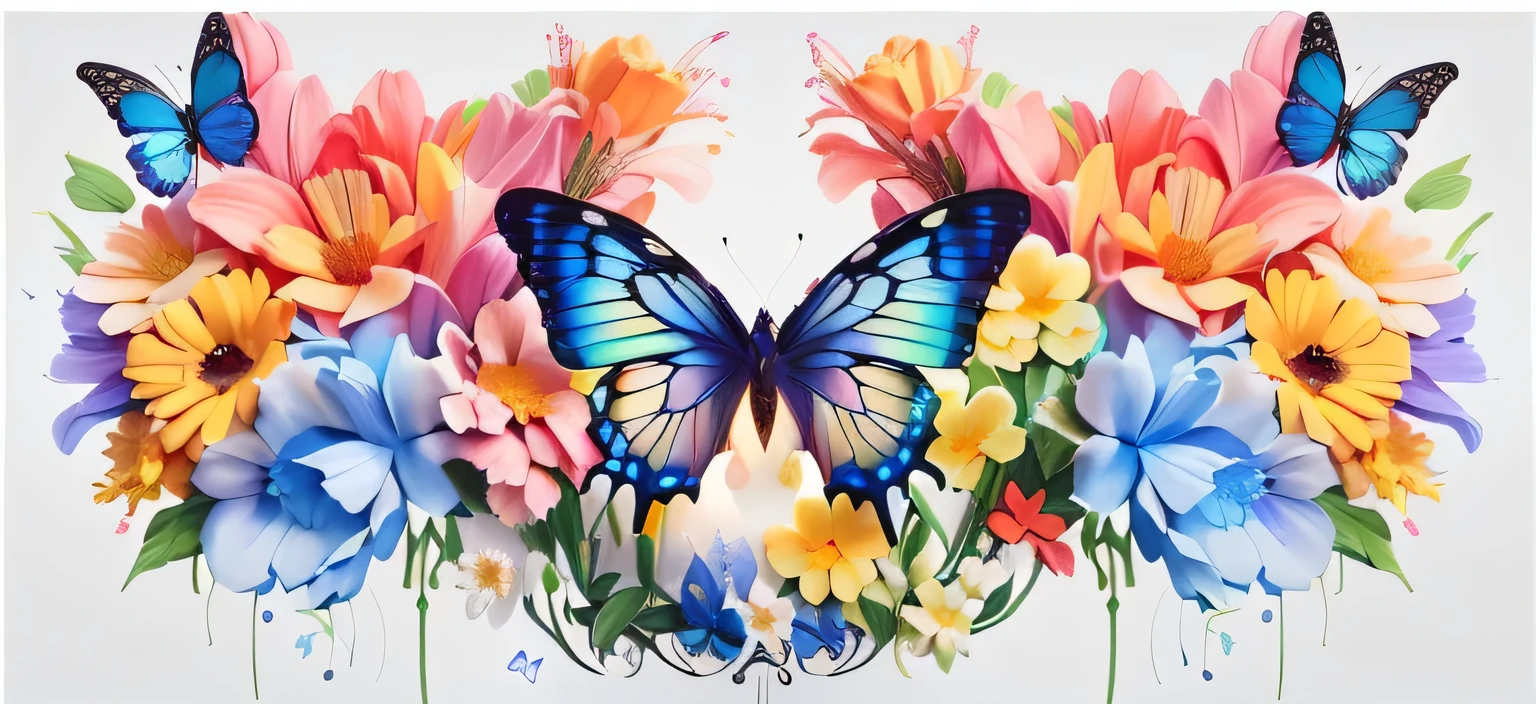 3 butterflies of different colors, intricate details, surrounded by flowers of different varieties, bright light, sharp edges, whimsical associations, bold creativity, white background. Best Quality, Ultra Detailed, Masterpiece, 32K.,3D