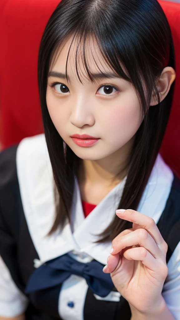 Best-quality, Masterpiece, Ultra-High-Resolution, (Photorealistic), Raw-Photo, 1girl, 12-years-old, the most famous Japanese idol, wearing only Japanese high-school uniform with cute design, at midnight, sitting on bed, face-focus, extremely cute face like a most popular Japanese idol, extremely beautiful big-black-eyes, extremely beautiful black-short-cut-haired, extremely beautiful long-eyelashes, extremely beautiful lips, extremely beautiful skins, (reaching intense orgasm), detailed Japanese-high-school-uniform-with-cute-design