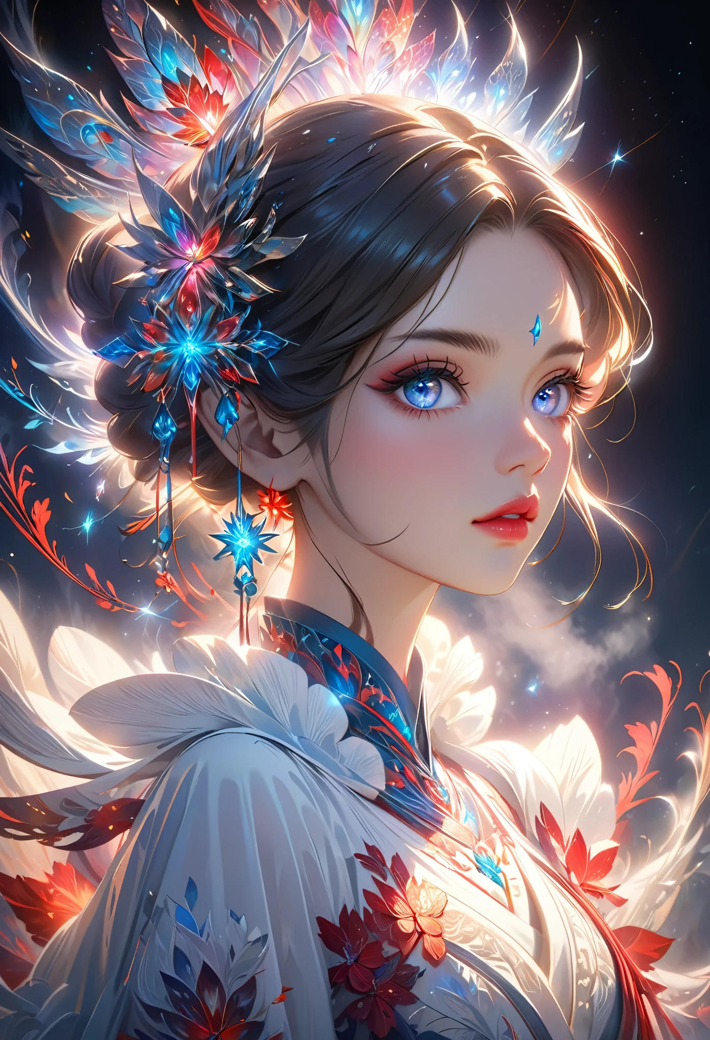 a beautiful girl, extremely detailed, highly detailed, intricate fractal art, 1girl, beautiful stars eyes, beautiful detailed lips, extremely detailed eyes and face, long eyelashes, Elegant Pose, cinematic lighting, Volumetric fog, dramatic colors, vibrant and vivid, photorealistic, 8K, best quality, masterpiece, official artwork, beautiful and aesthetic,Half-length portrait