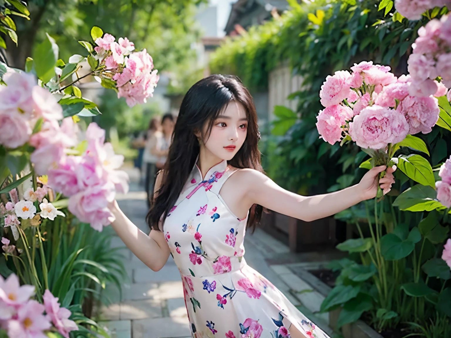 **English prompts**：

((masterpiece)), ((best quality)), 8K, high detailed, ultra-detailed,

a beautiful Chinese girl gracefully dancing amongst a blooming garden of flowers, her face radiating with innocence and joy, her eyes shining like stars, her long black hair flowing freely, her dress adorned with delicate floral patterns that complement the vibrant colors of the flowers. Butterflies and bees flutter and buzz around her, adding a sense of liveliness to the scene.

1girl, ((Chinese)), beautiful, dancing, graceful, ((blooming garden)), flowers, innocent, joyful, shining eyes, ((long black hair)), flowing freely, delicate floral patterns, dress, vibrant colors, butterflies, bees, fluttering, buzzing, lively scene,

((masterpiece)), ((best quality)), 8K, high detailed, ultra-detailed, 1girl, ((Chinese)), beautiful, dancing, graceful, ((blooming garden)), flowers, innocent, joyful, shining eyes, ((long black hair)), flowing freely, delicate floral patterns, dress, vibrant colors, butterflies, bees, fluttering, buzzing, lively scene