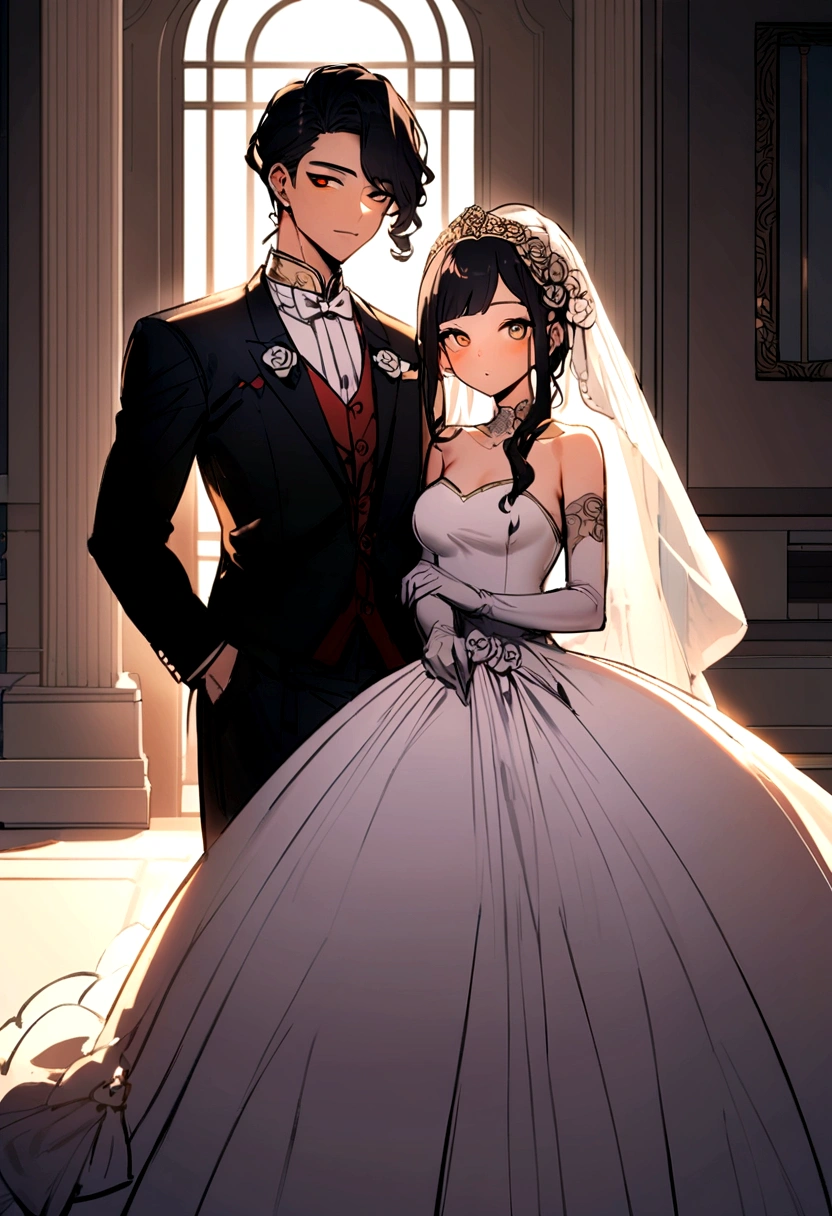Korean groom and Korean bride looking at camera in a luxury building