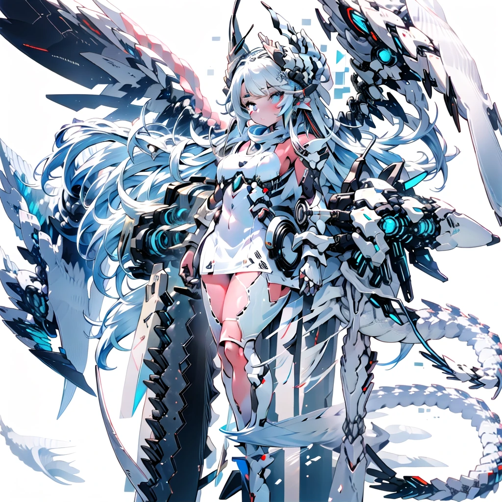 masterpiece, highest quality, highest resolution, clear_image, detailed details, White hair, long hair, cat ears, 1 girl, red eyes, white pantyhose, sci-fi dress, white scarf (white scarf around the neck with a light blue glow), gray futuristic halo (gray halo over the head), white wings (4 wings), cute, full body, no water marks, snow
