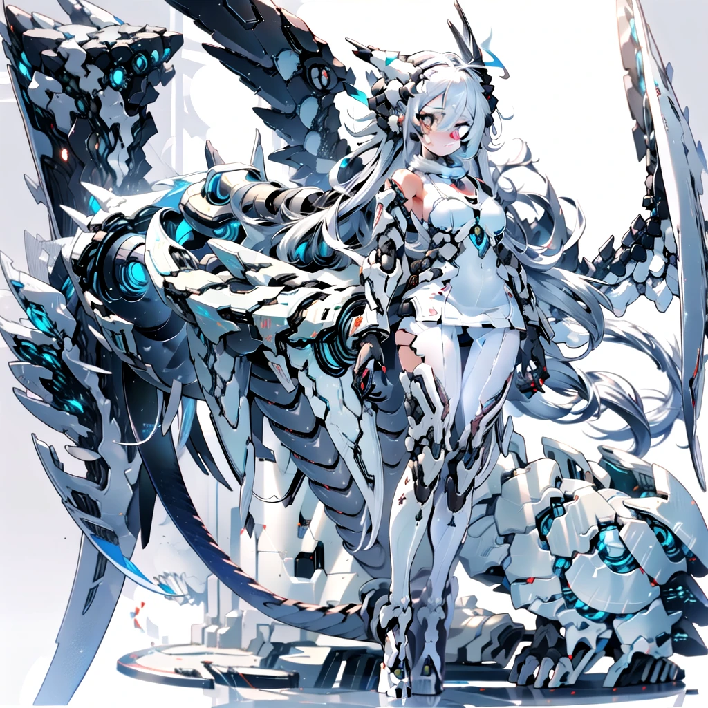 masterpiece, highest quality, highest resolution, clear_image, detailed details, White hair, long hair, cat ears, 1 girl, red eyes, white pantyhose, sci-fi dress, white scarf (white scarf around the neck with a light blue glow), gray futuristic halo (gray halo over the head), white wings (4 wings), cute, full body, no water marks, snow