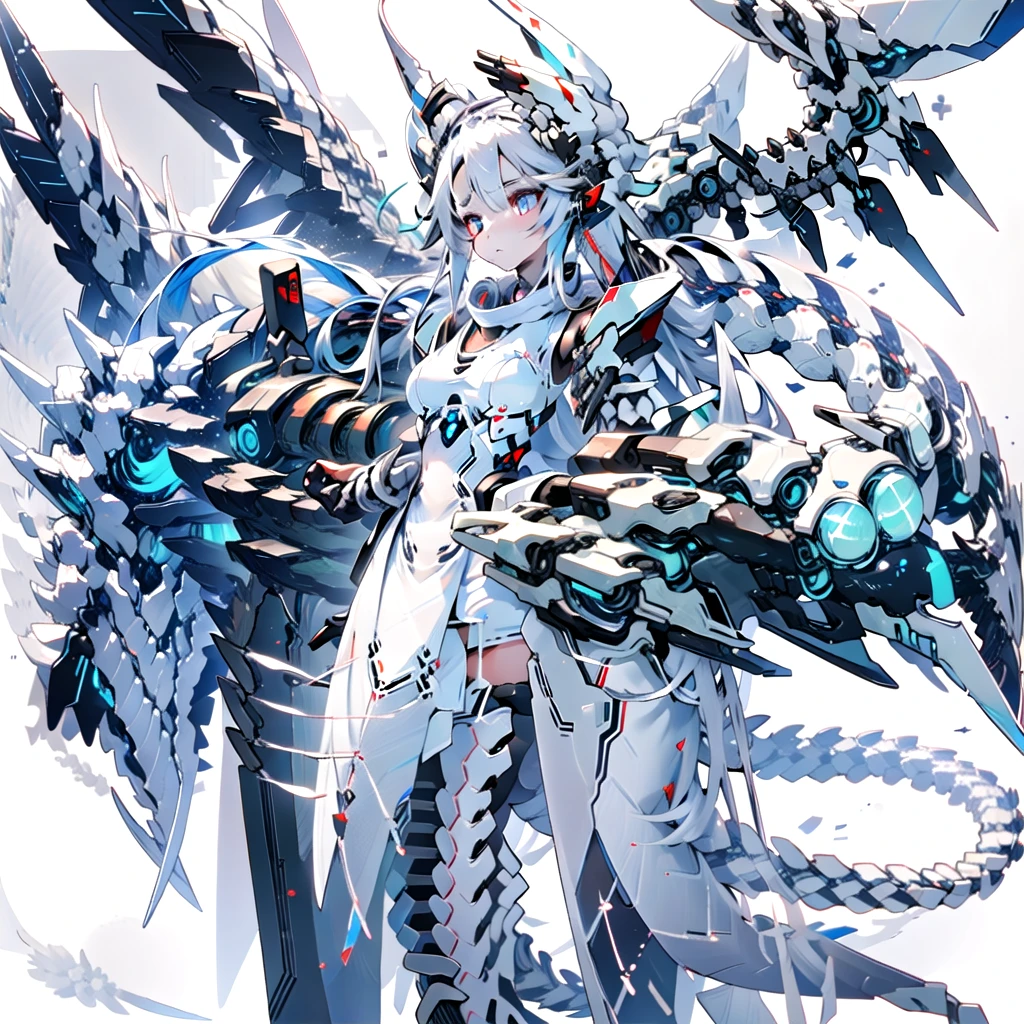 masterpiece, highest quality, highest resolution, clear_image, detailed details, White hair, long hair, cat ears, 1 girl, red eyes, white pantyhose, sci-fi dress, white scarf (white scarf around the neck with a light blue glow), gray futuristic halo (gray halo over the head), white wings (4 wings), cute, full body, no water marks, snow